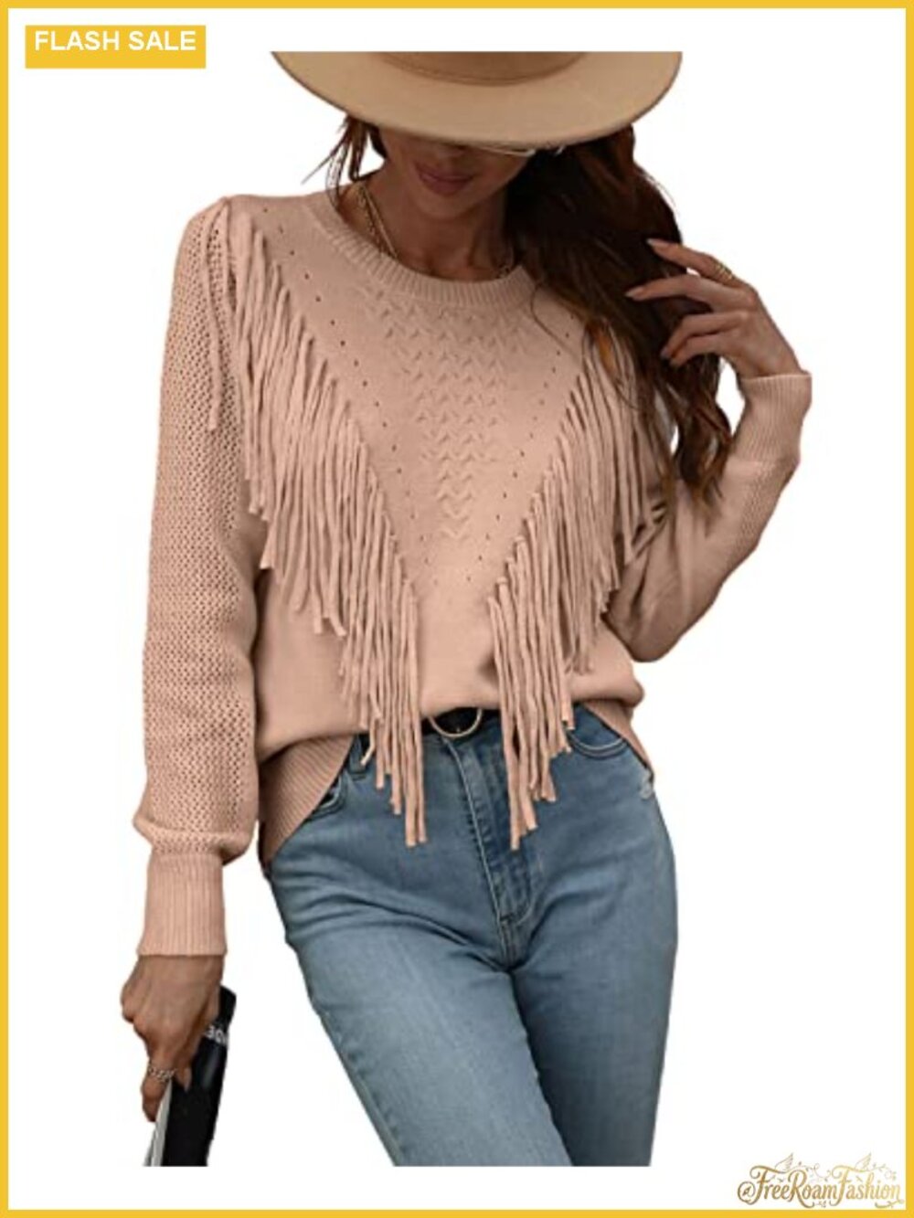 Women's Fringe Tassel Cable Knit Pullover Sweater, Long Sleeve Crew Neck, Cozy